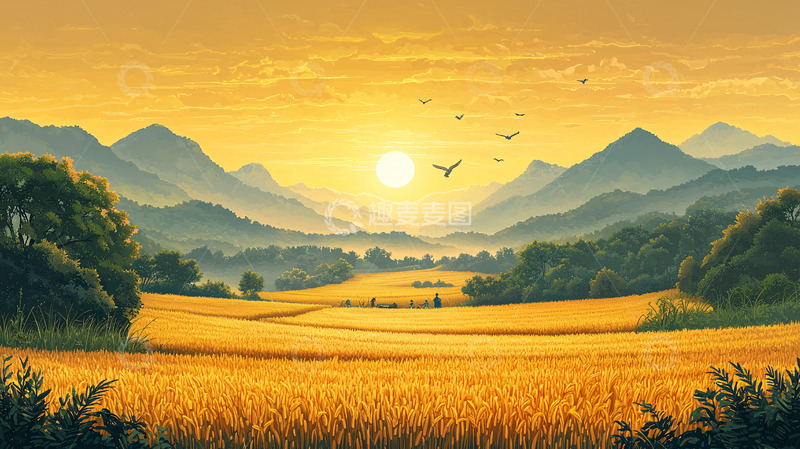 高清大图下载【趣麦麦图】金色麦田日出山峰