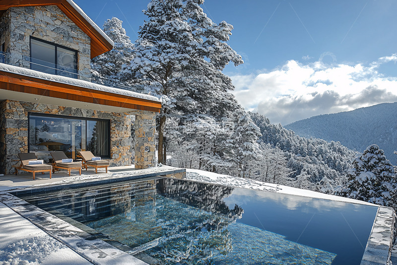 高清大图下载【趣麦麦图】雪山别墅泳池