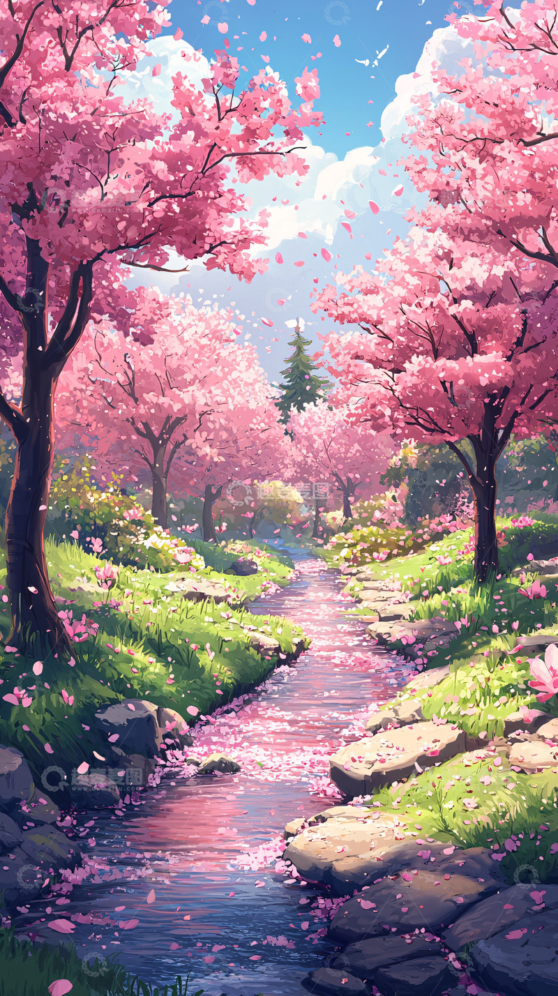 高清大图下载【趣麦麦图】粉红樱花树下小溪