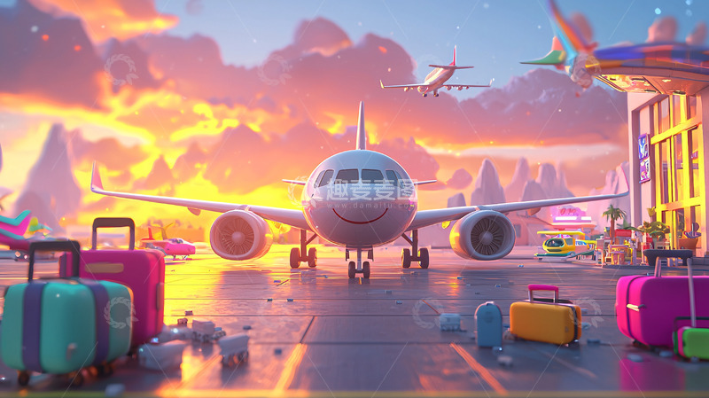 高清大图下载【趣麦麦图】卡通飞机起飞