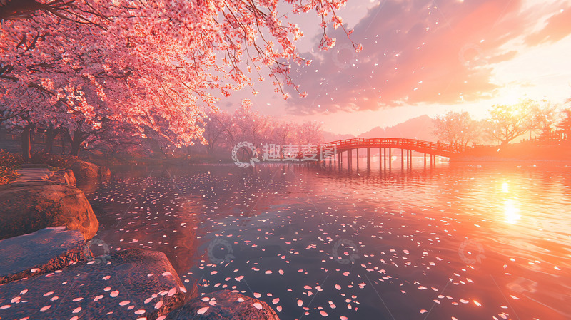 高清大图下载【趣麦麦图】唯美樱花湖景夕阳