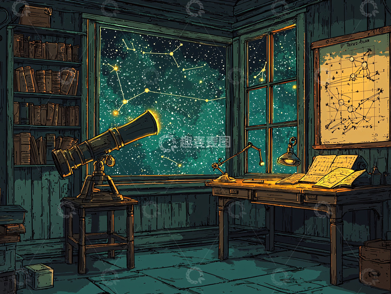 高清大图下载【趣麦麦图】星空窗户下的天文台房间