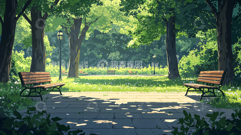 高清大图下载【趣麦麦图】阳光洒满公园长椅