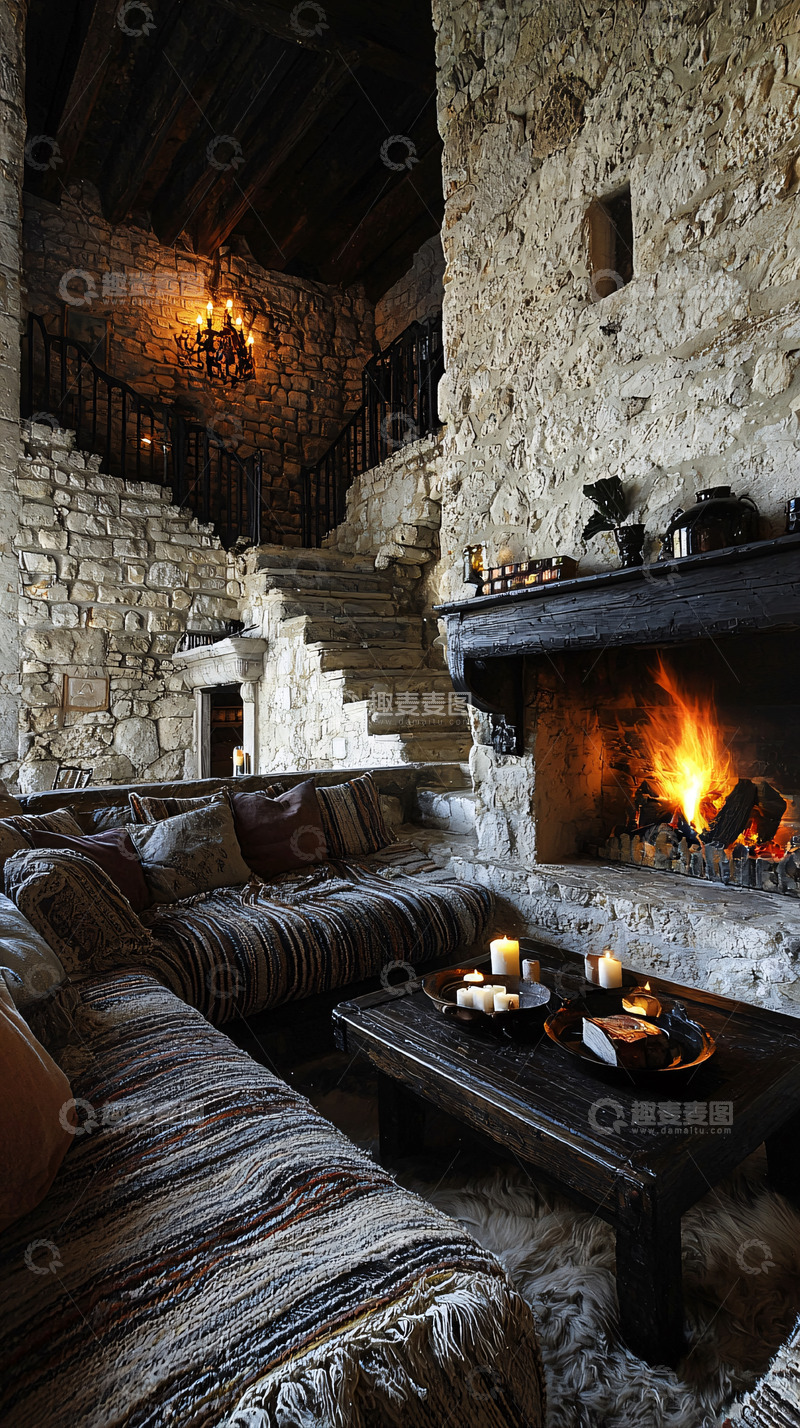 高清大图下载【趣麦麦图】石墙老宅客厅壁炉