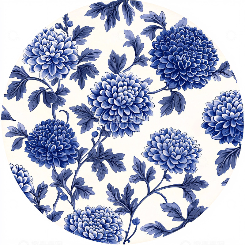 高清大图下载【趣麦麦图】青花瓷菊花图案