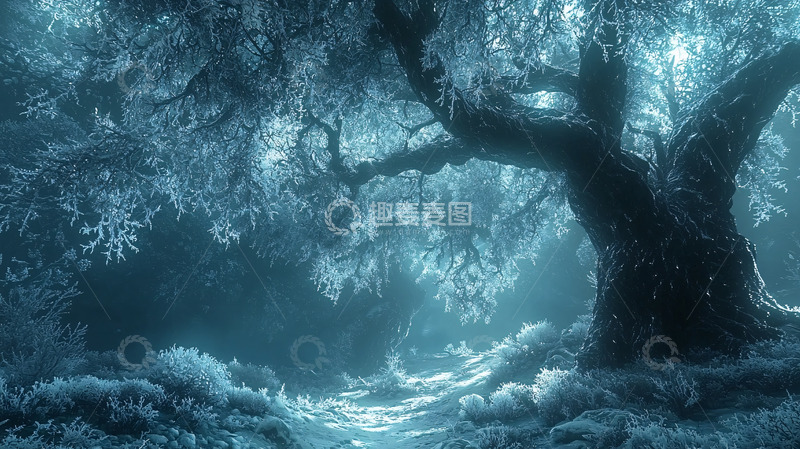 高清大图下载【趣麦麦图】寒冷冬日下的冰霜覆盖的树