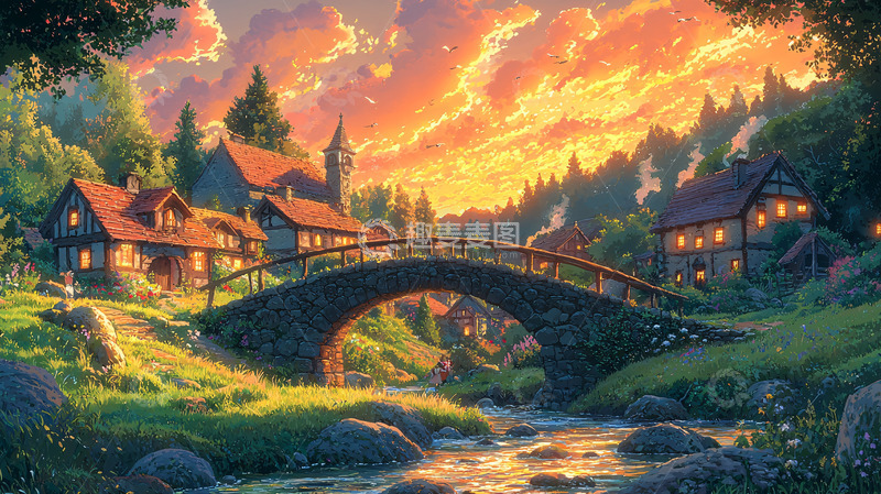 高清大图下载【趣麦麦图】乡村小桥流水夕阳