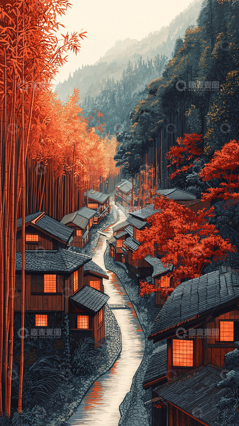 高清大图下载【趣麦麦图】秋日山间村落风景