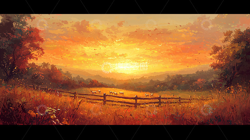 高清大图下载【趣麦麦图】夕阳下的田园风光