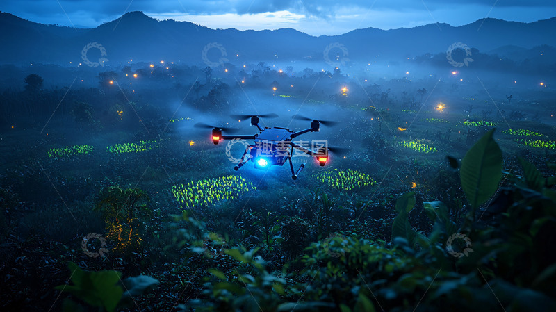 高清大图下载【趣麦麦图】夜间无人机农田喷洒作业