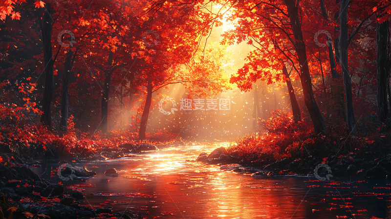 高清大图下载【趣麦麦图】红叶森林溪流
