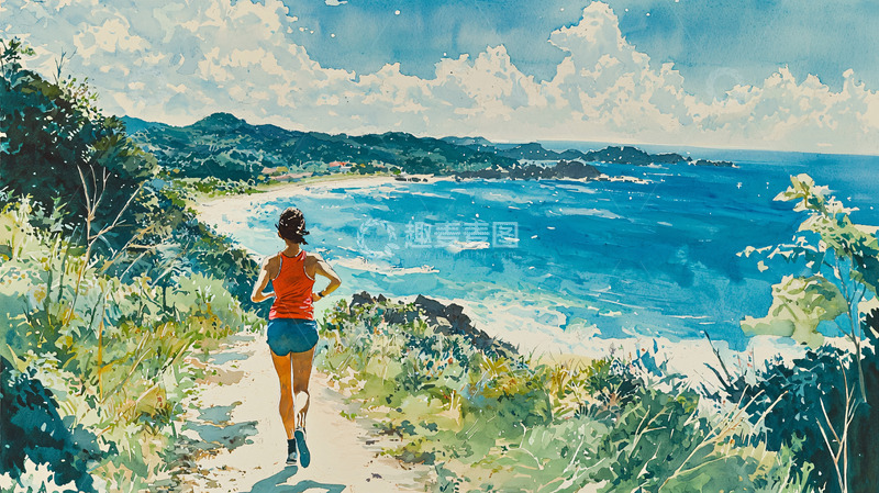 高清大图下载【趣麦麦图】海边跑步风景画