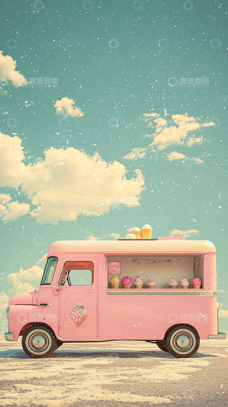 高清大图下载【趣麦麦图】粉色复古冰淇淋卡车