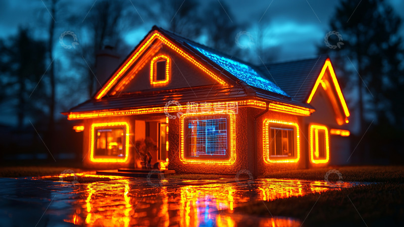 高清大图下载【趣麦麦图】夜晚灯光装饰房屋