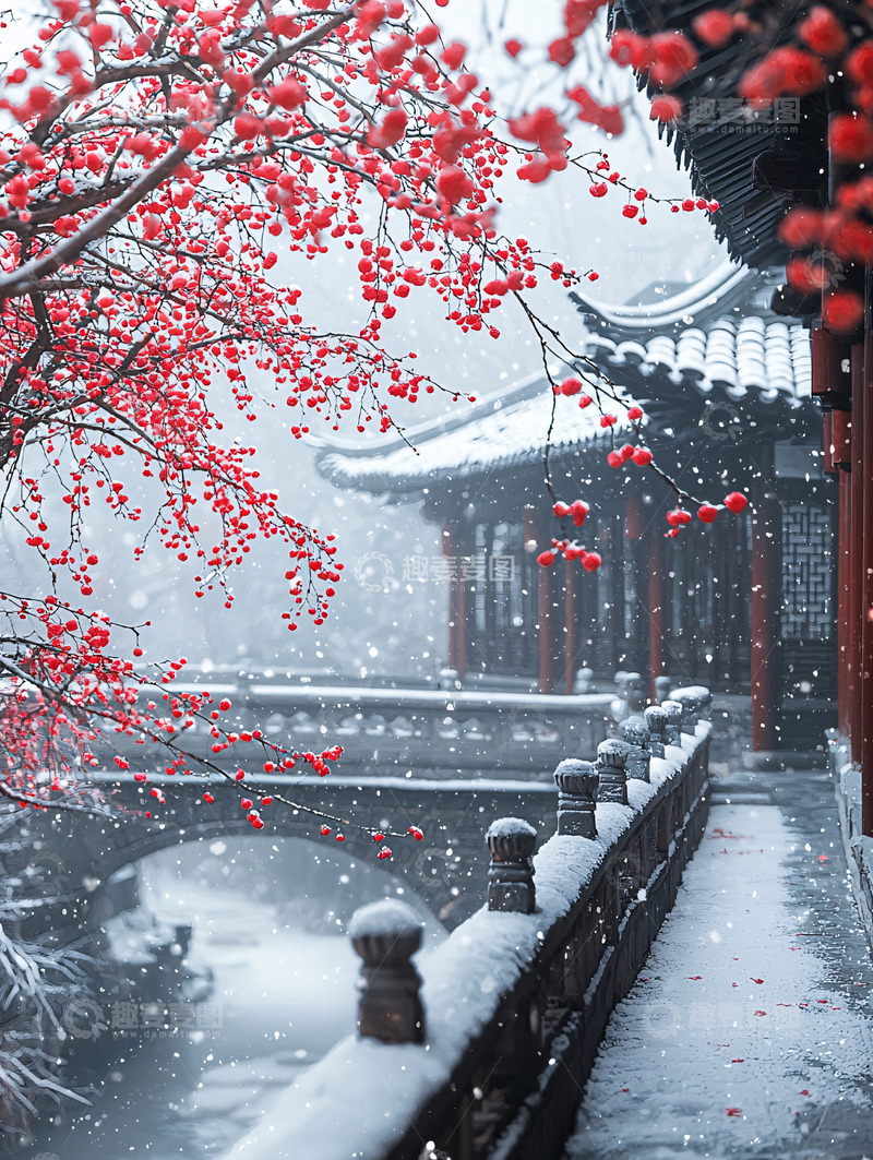高清大图下载【趣麦麦图】雪中红果中国古典建筑