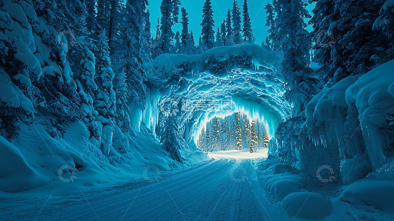 高清大图下载【趣麦麦图】冰雪覆盖的森林隧道