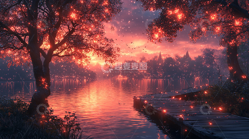 高清大图下载【趣麦麦图】梦幻般光影湖畔小镇