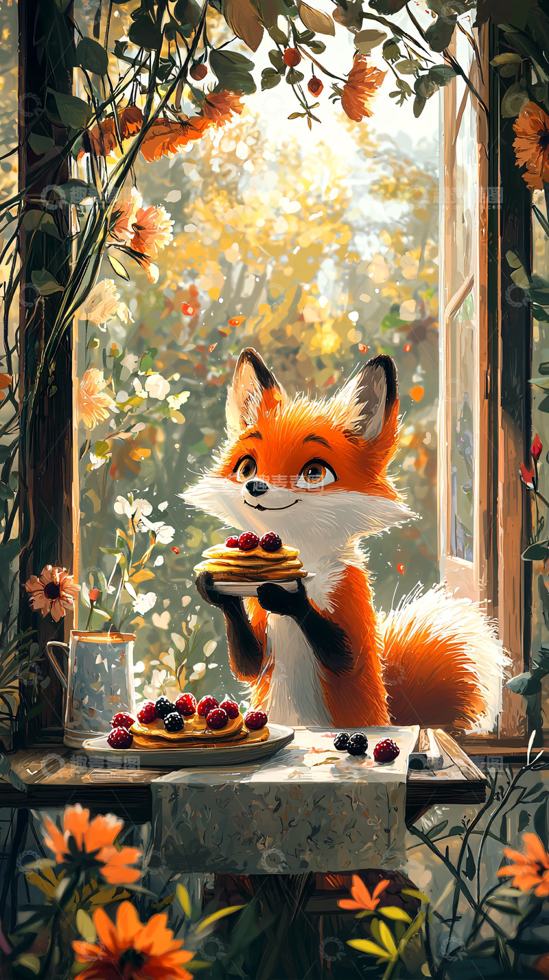 高清大图下载【趣麦麦图】小狐狸吃着早餐的温馨场景