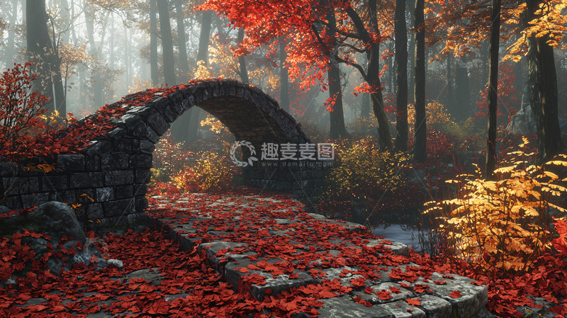 高清大图下载【趣麦麦图】秋日森林石桥