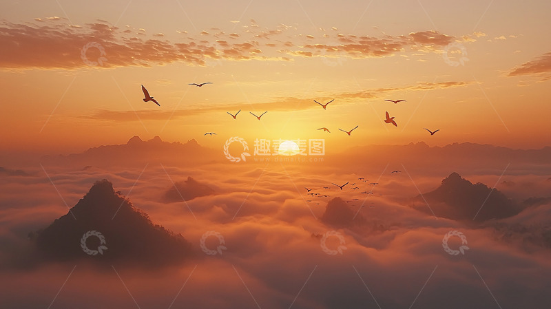高清大图下载【趣麦麦图】日出云海飞鸟群山