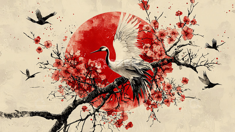 高清大图下载【趣麦麦图】红日白鹤樱花树