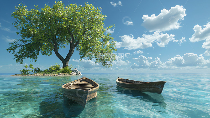 高清大图下载【趣麦麦图】小岛上的两艘小船