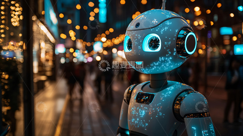 高清大图下载【趣麦麦图】夜景街景中可爱机器人