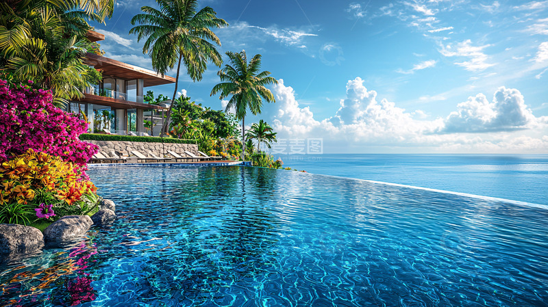 高清大图下载【趣麦麦图】海边别墅泳池风景