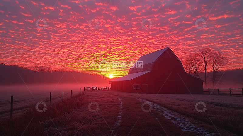 高清大图下载【趣麦麦图】红色天空下的农舍