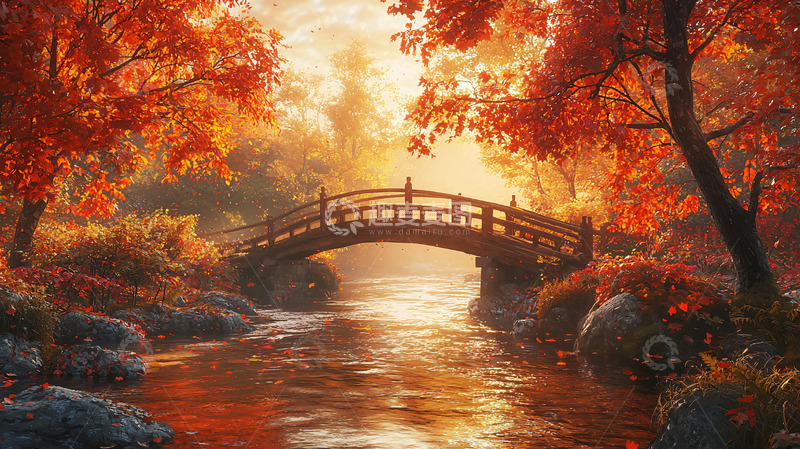高清大图下载【趣麦麦图】秋日红枫小桥流水