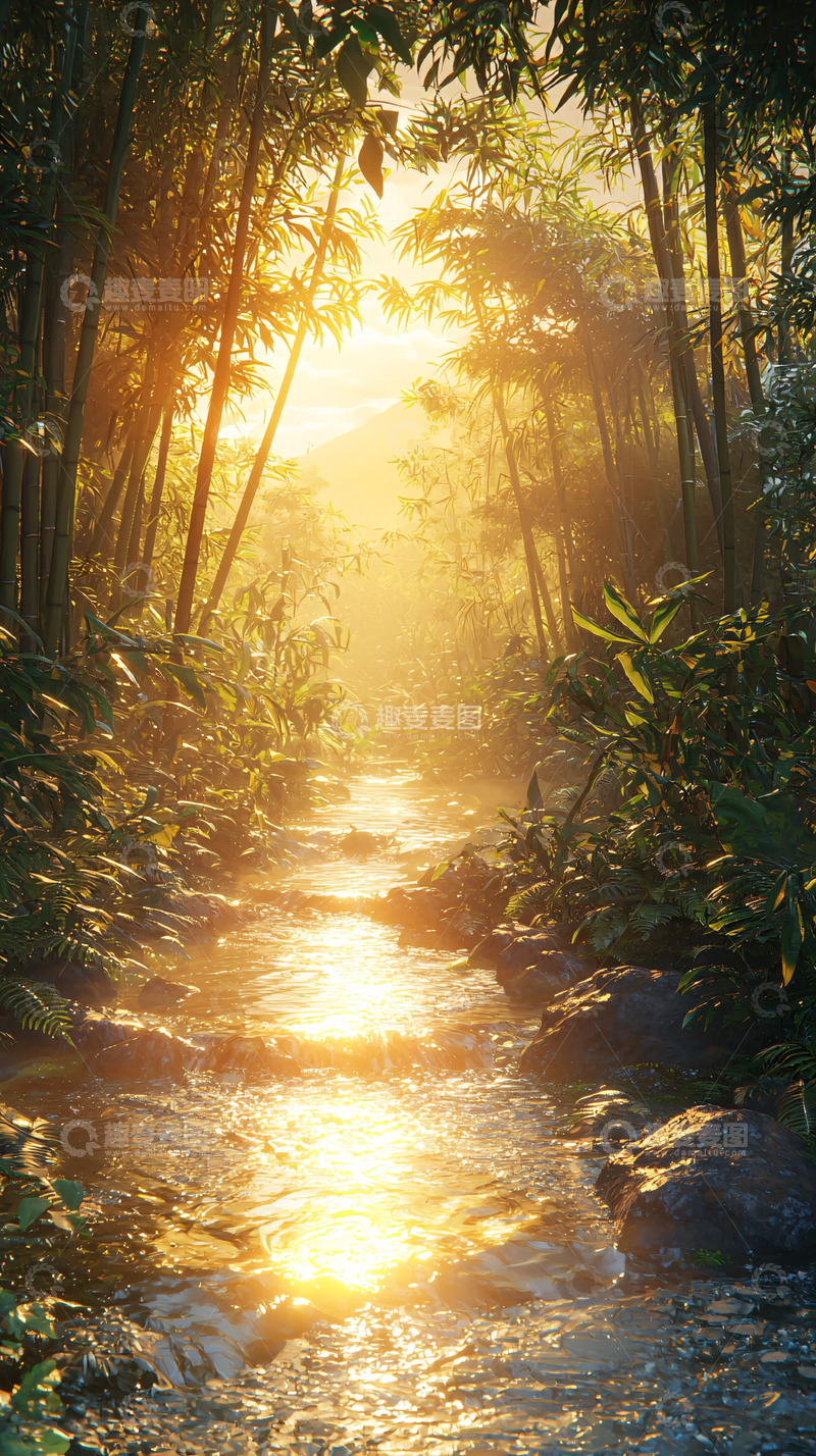 高清大图下载【趣麦麦图】竹林小溪日出