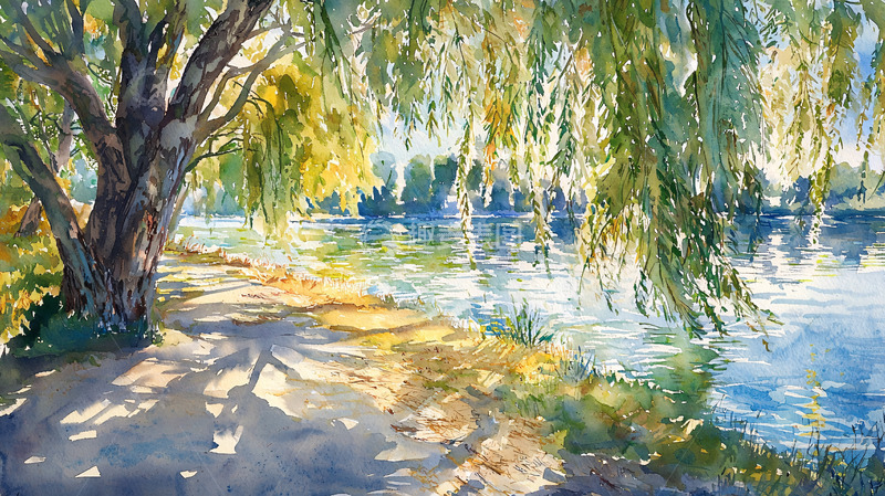 高清大图下载【趣麦麦图】水边柳树的唯美画作