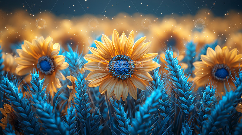 高清大图下载【趣麦麦图】蓝花田野里的金色向日葵