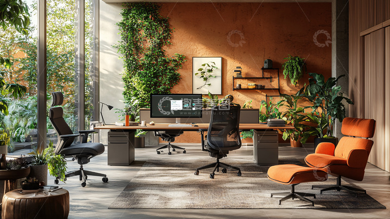 高清大图下载【趣麦麦图】绿色植物环绕的现代化办公空间
