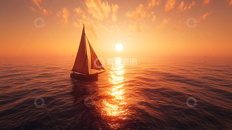 高清大图下载【趣麦麦图】夕阳西下帆船大海