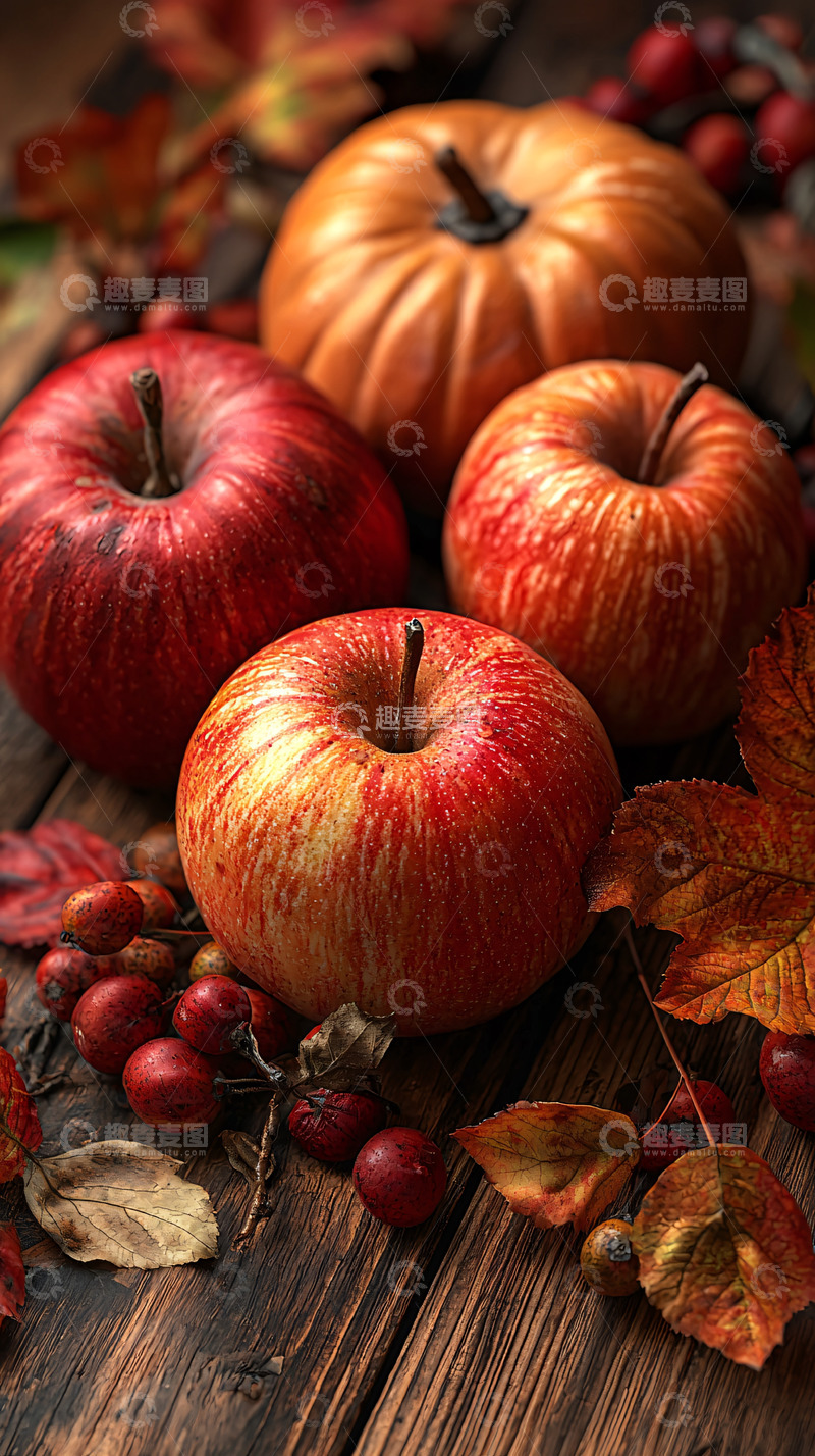 高清大图下载【趣麦麦图】丰收的秋季水果和落叶静物特写