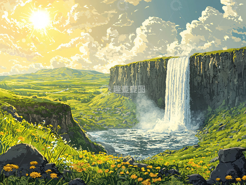 高清大图下载【趣麦麦图】阳光普照下的瀑布风景