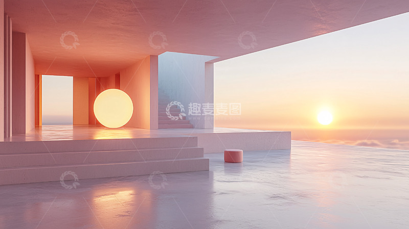 高清大图下载【趣麦麦图】极简风格日落海景建筑