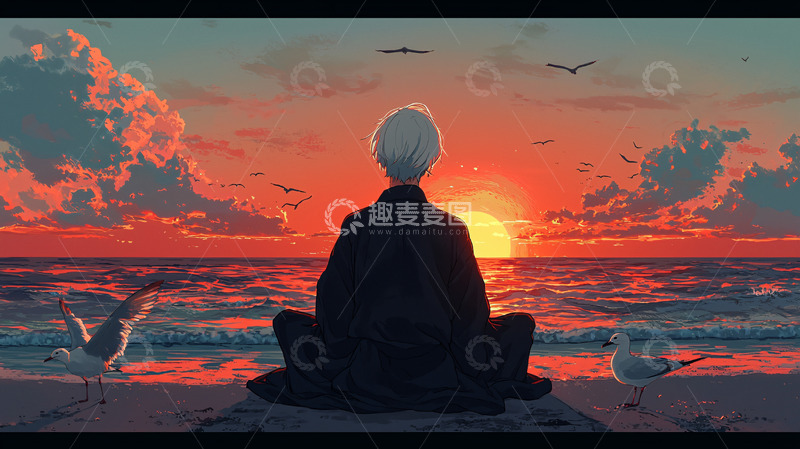 高清大图下载【趣麦麦图】落日余晖下冥想的人