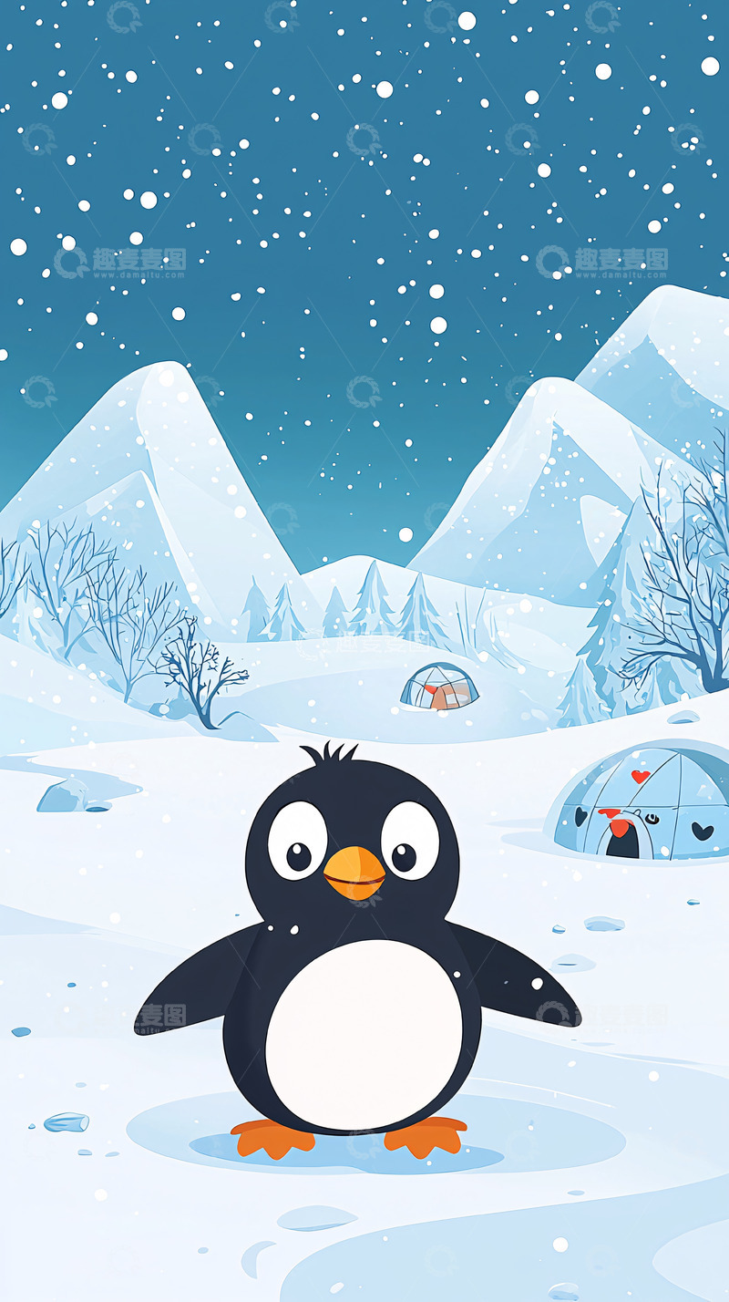 高清大图下载【趣麦麦图】卡通企鹅雪地场景