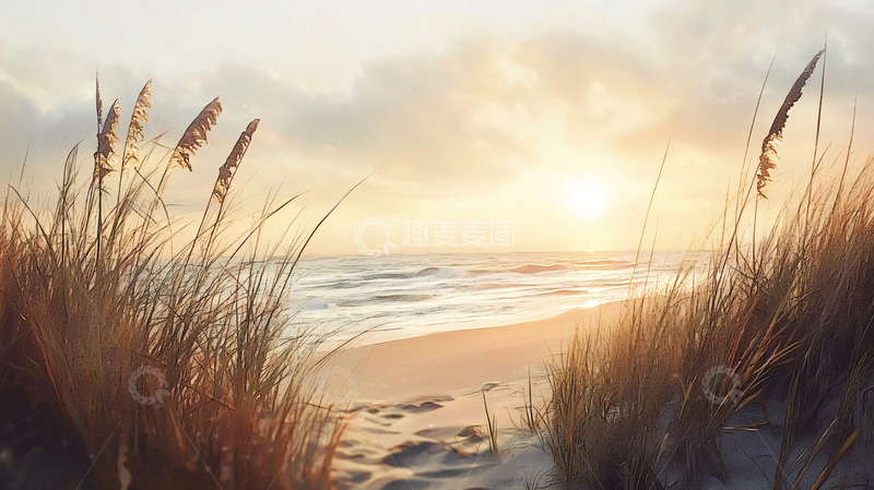 高清大图下载【趣麦麦图】日出海滩沙丘芦苇