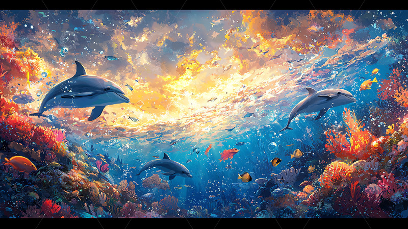 高清大图下载【趣麦麦图】海豚在梦幻般的海洋里畅游