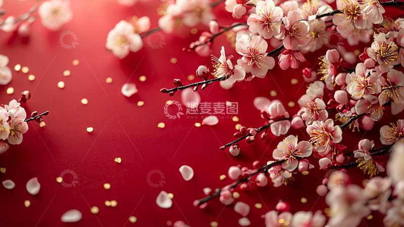 高清大图下载【趣麦麦图】红底梅花花瓣洒落