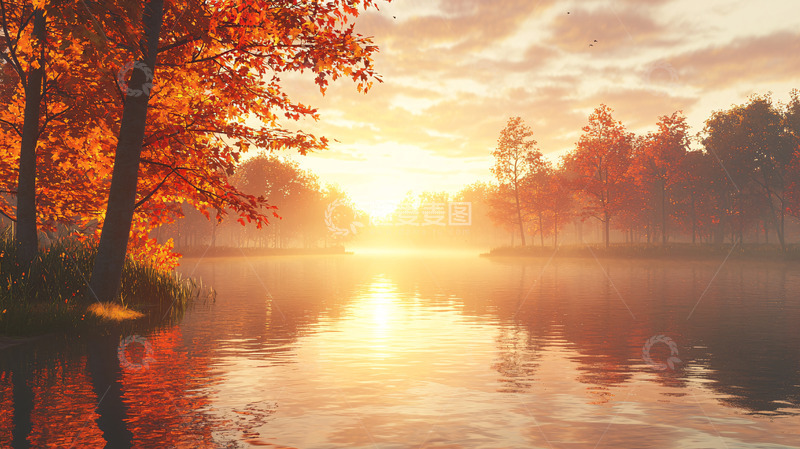 高清大图下载【趣麦麦图】秋日清晨湖边红叶