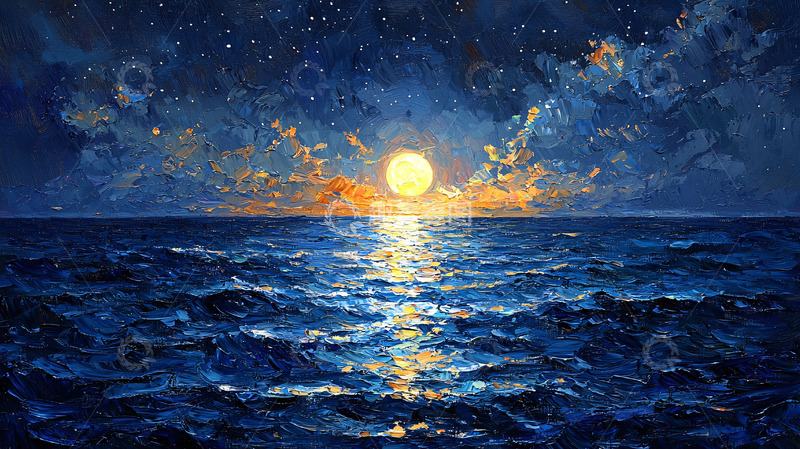高清大图下载【趣麦麦图】星空下海面月亮的油画