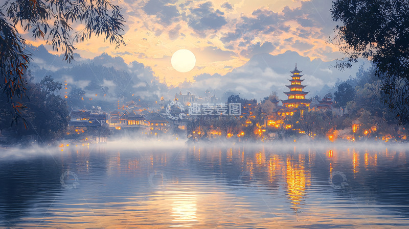 高清大图下载【趣麦麦图】湖边古塔在朦胧雾气中
