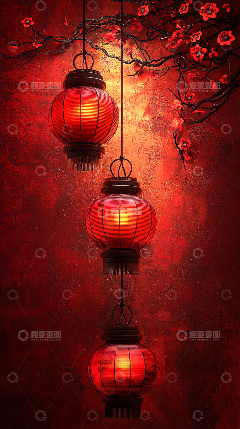 高清大图下载【趣麦麦图】红色灯笼与梅花
