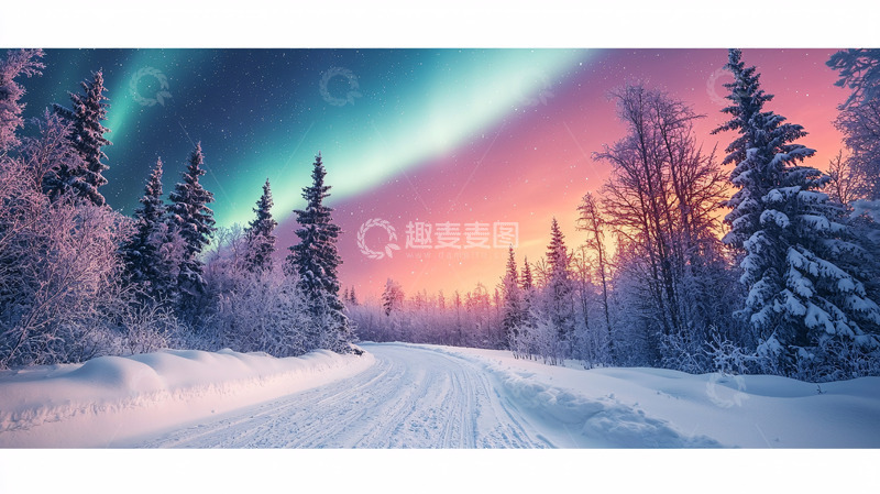 高清大图下载【趣麦麦图】极光下的雪地公路