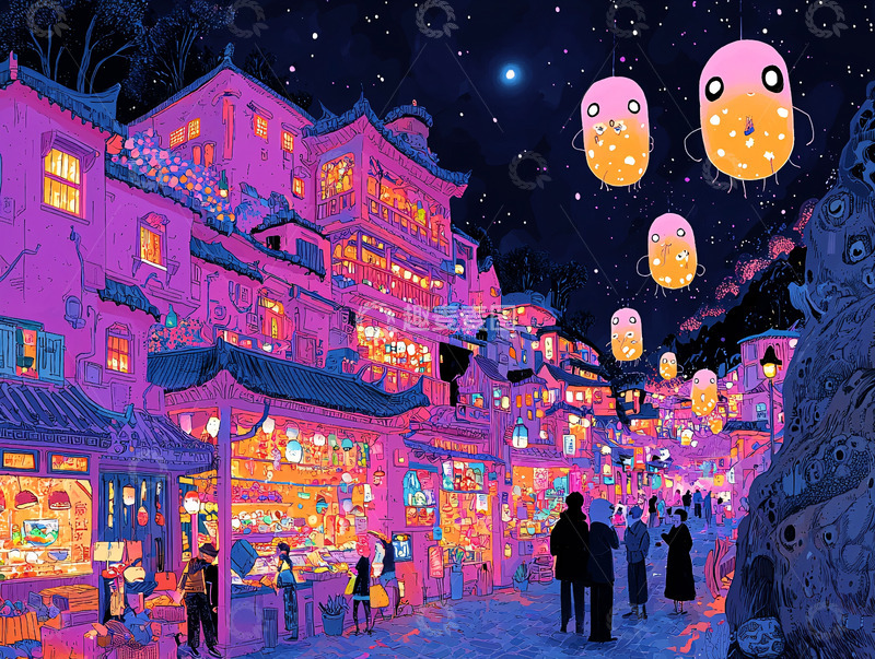 高清大图下载【趣麦麦图】梦幻夜晚古镇