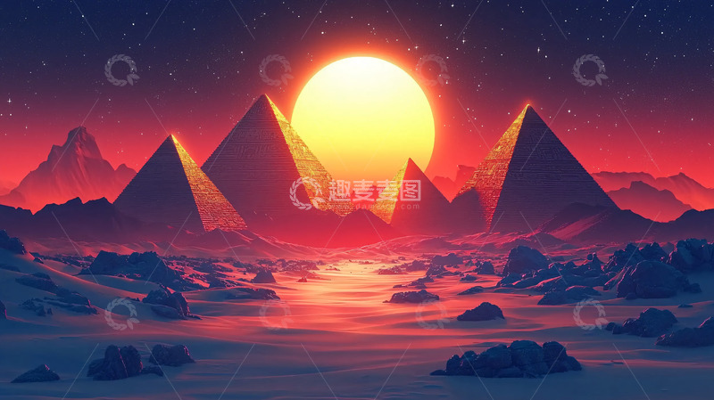 高清大图下载【趣麦麦图】沙漠金字塔下的日落